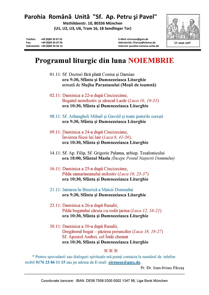 Program liturgic noiembrie 2025
