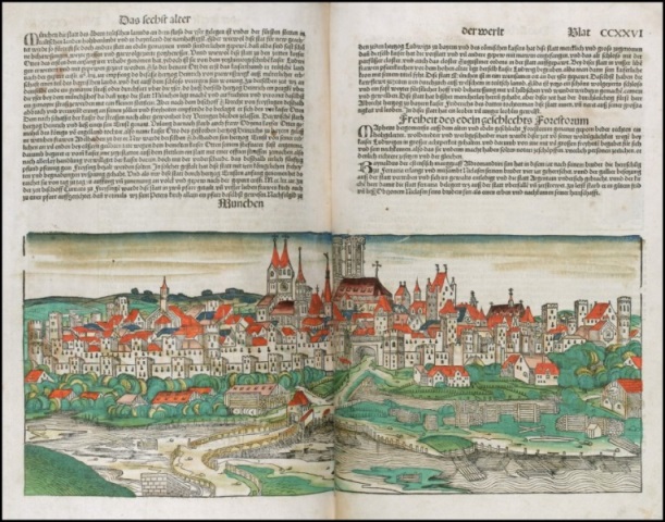 Die älteste Stadtansicht Münchens. Kolorierter Holzschnitt von Michael Wohlgemut in der „Weltchronik“ von Hartmann Schedel, Nürnberg 1493
