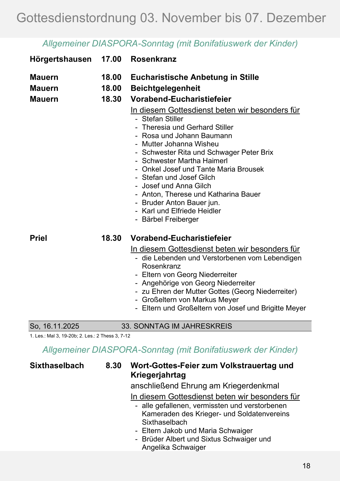 Pfarrblatt für die Pfarrverbände Hörgertshausen-Gammelsdorf und Mauern 03.November bis 07.Dezember 2025 Seite 18
