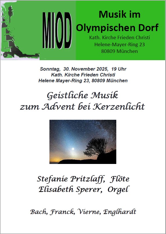 Einladung zum MIOD-Konzert "Geistliche Musik zum Advent bei Kerzenlicht", 30. November 2025, 19 Uhr, Pfarrkirche Frieden Christi.