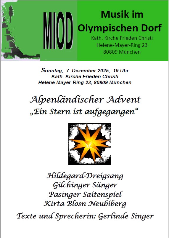 Einladung zum MIOD-Konzert "Alpenländischer Advent", 7. Dezember 2025, 19 Uhr, Pfarrkirche Frieden Christi.
