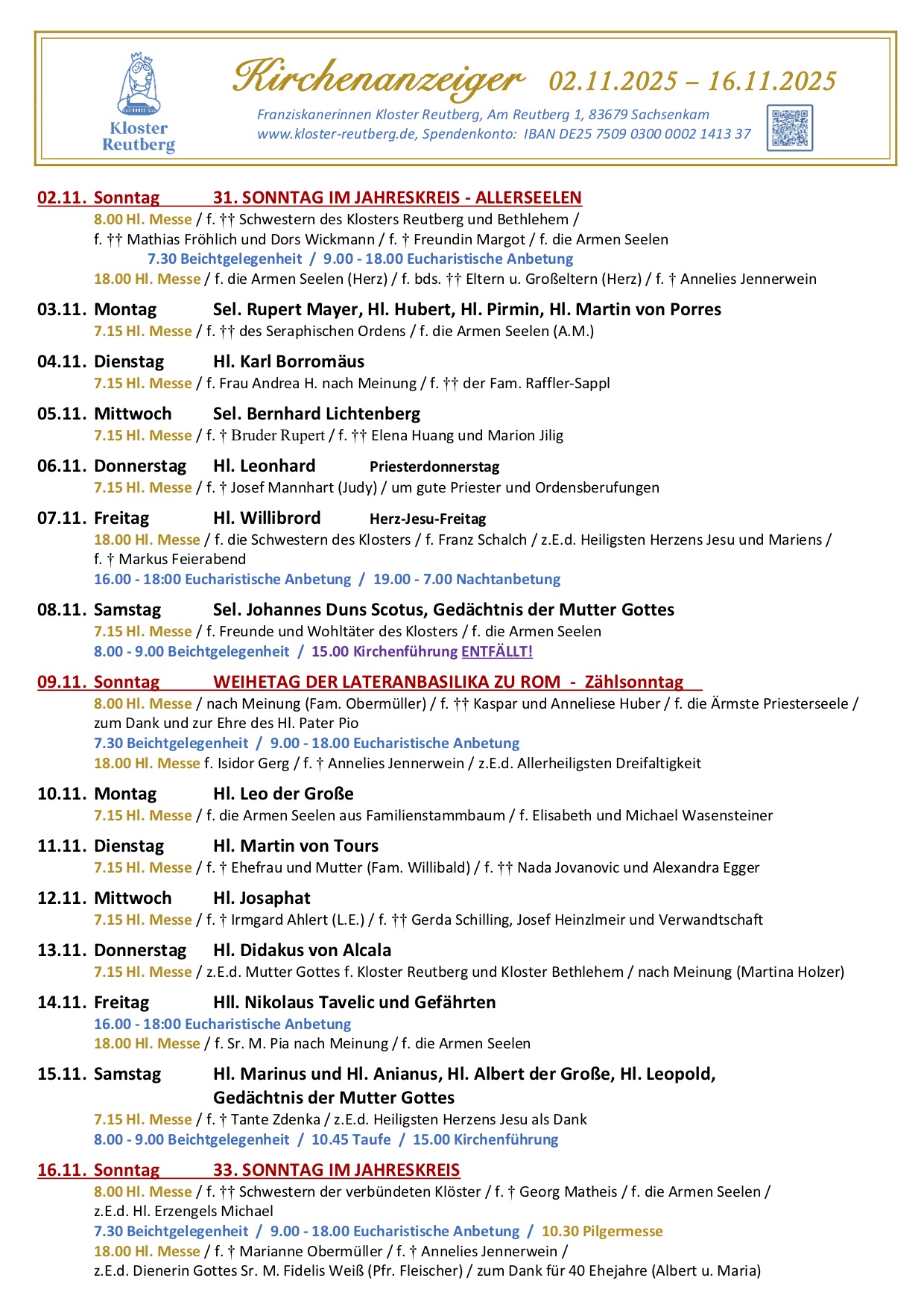 Kirchenzettel Kloster Reutberg 02.11.25-16.11.25
