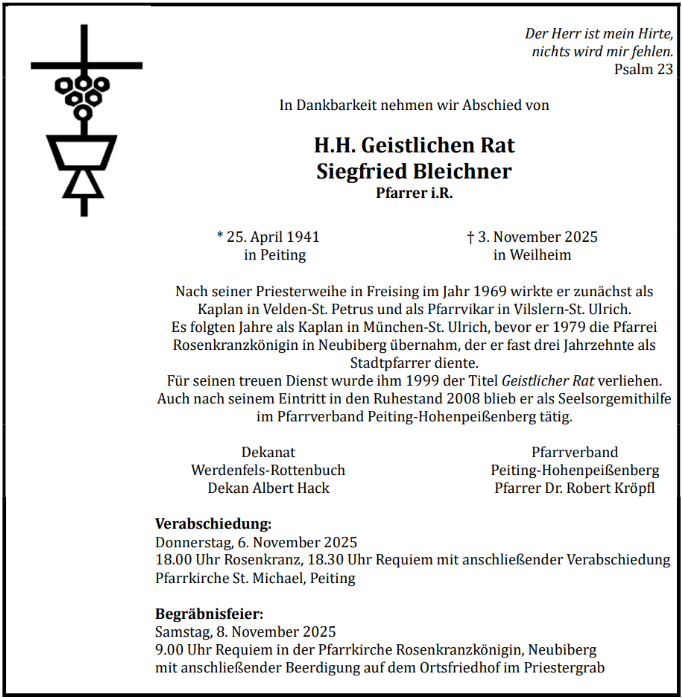 Todesanzeige Bleichner Siefried