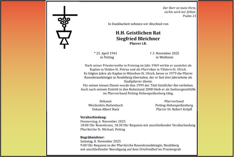 NEWS-Todesanzeige Pfarrer Bleichner