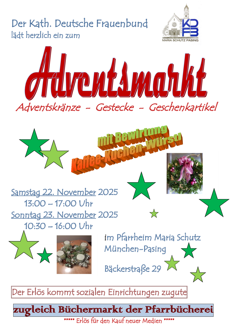 Buntes Plakat mit Sternen und Hinweisen zum Adventsmarkt, Text nebenstehend.
