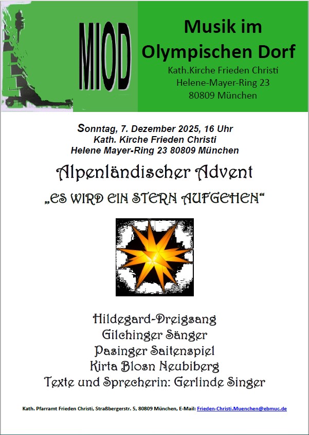 Einladung zum MIOD-Konzert "Alpenländischer Advent" am 7. Dezember 2025 um 16 Uhr in der Pfarrkirche Frieden Christi.