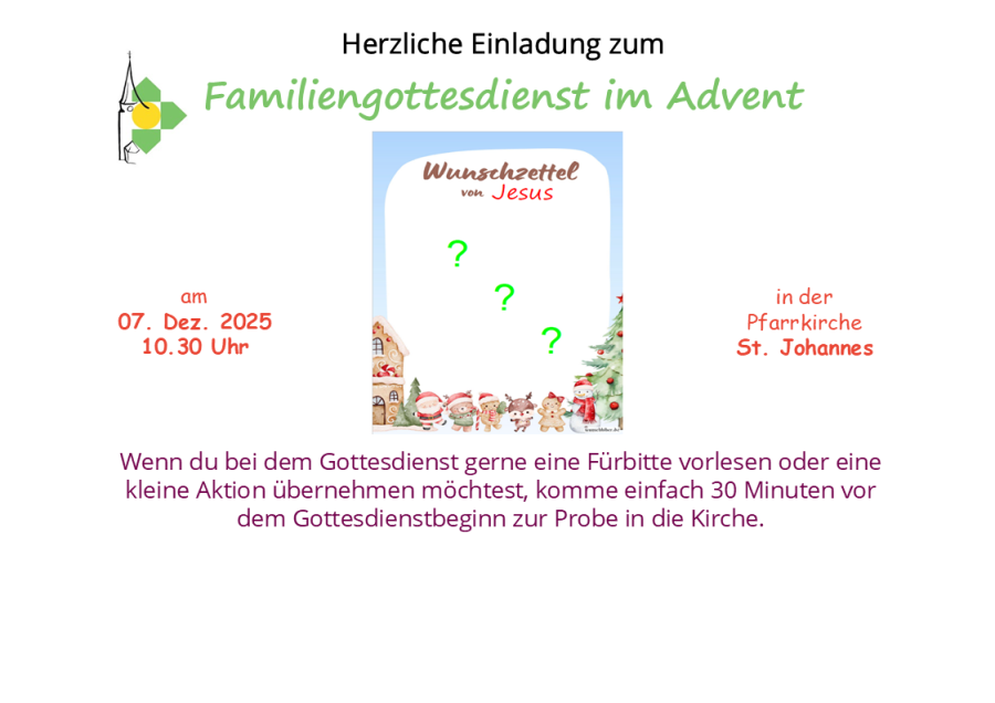 Einladungsplakat zum Familien-Gottesdienst am 2. Advent 2025
