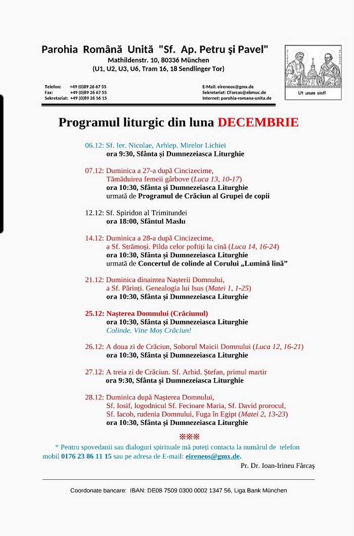 Program liturgic decembrie