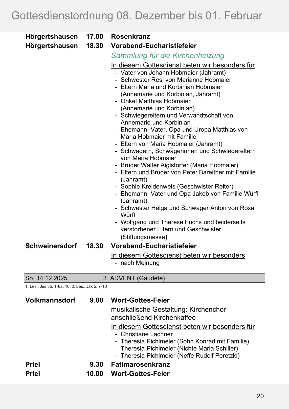 Pfarrblatt für die Pfarrverbände Hörgertshausen-Gammelsdorf und Mauern 08.Dezember 2025 bis 01.Februar 2026 Seite 20
