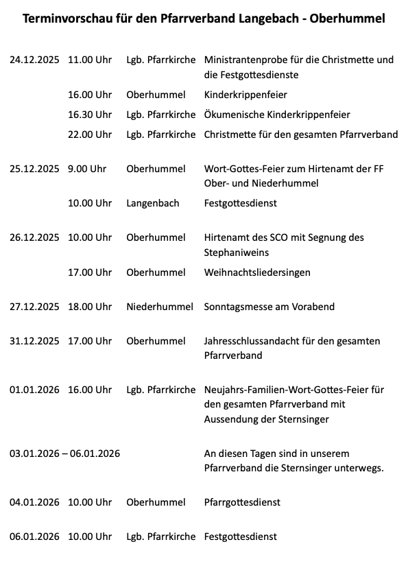 2025 Terminvorschau für den Pfarrverband Langebach