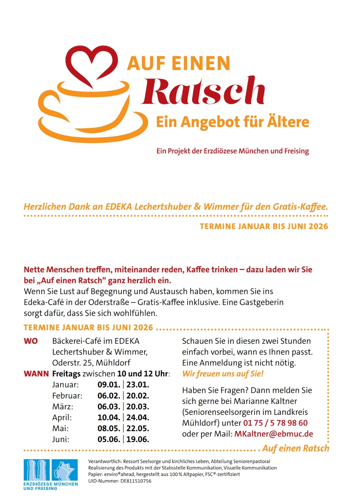 Seniorenpastoral: Auf einen Ratsch<br/>Termine Januar-Juni 2026