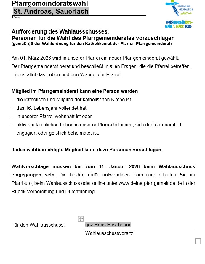 Aufforderung Kandidatenvorschlag St.Andreas
