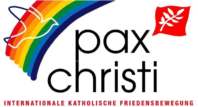 Neues Logo der Pax Christi-Gruppe: ein gezeichneter Regenbogen mit stilisierter Friedenstaube und roter Flagge mit weißem Zweig. Aufschrift: Pax Christi, internationale katholische Friedensbewegung