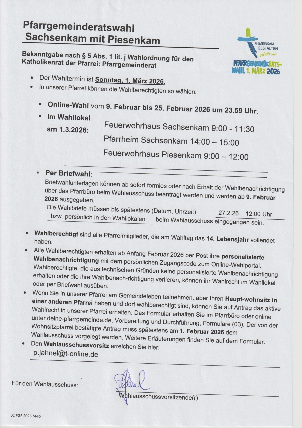 Pfarrgemeinderat Neuwahlen 2026