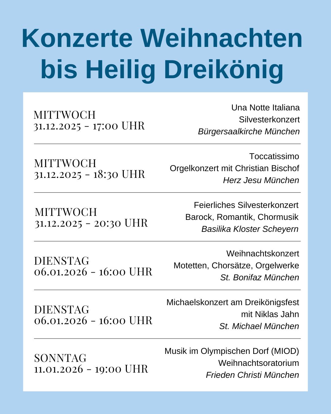 Konzert Weihnachten bis Heiligdreikönig 2025/2026 2