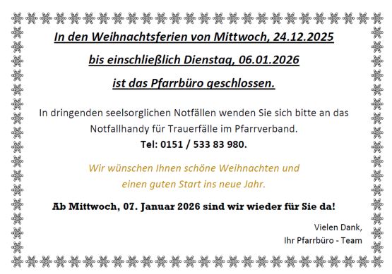 Pfarrbüro Weihnachten 2025