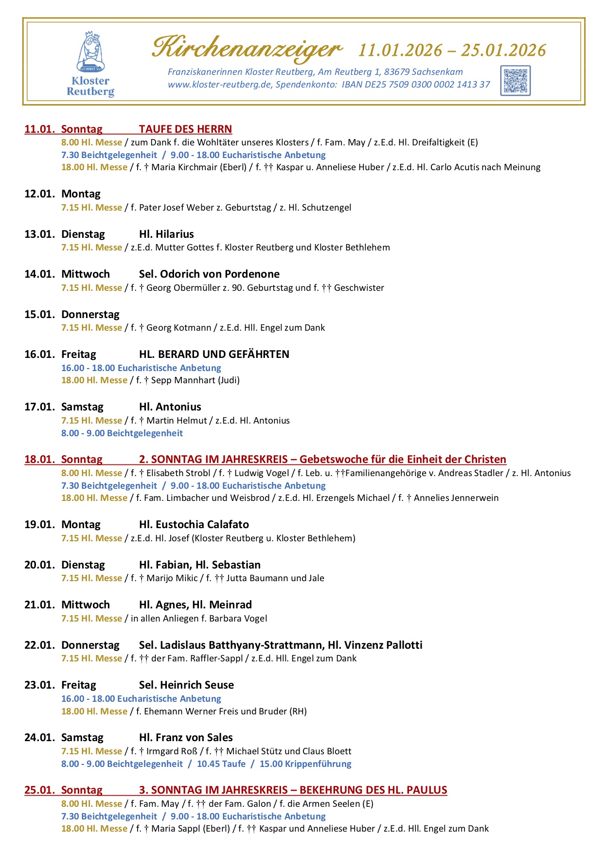 Kirchenzettel Kloster Reutberg  11.01.26-25.01.26