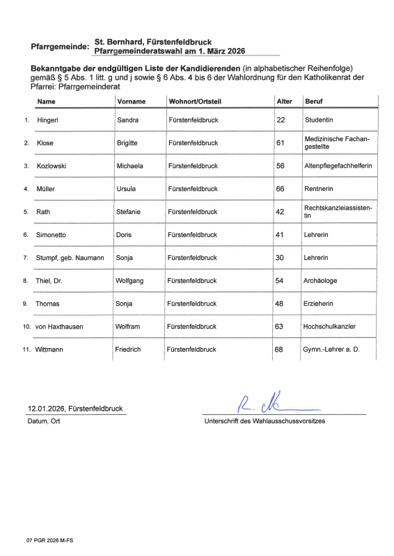 Kandidaten Pfarrgemeinderat St. Bernhard