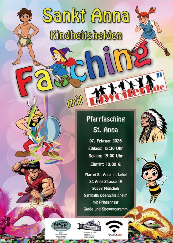Plakat zum Pfarrfasching, Motto Kindheitshelden