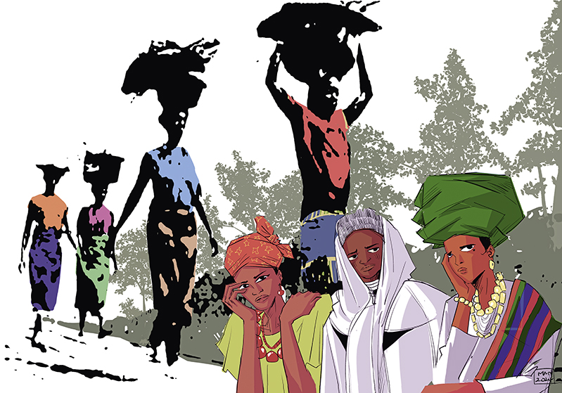 Stilisiert gezeichnete afrikanische Frauen in bunten Gewändern