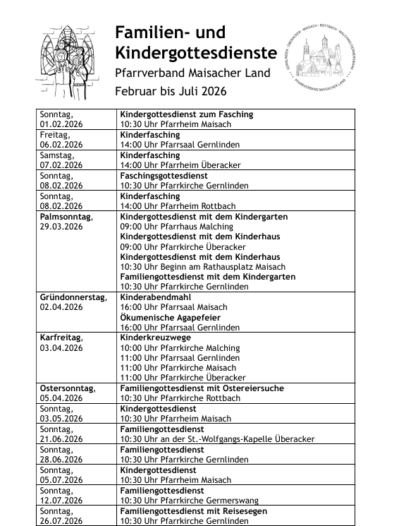 Familien Gottesdienst Übersicht für das erste Halbjahr 2026