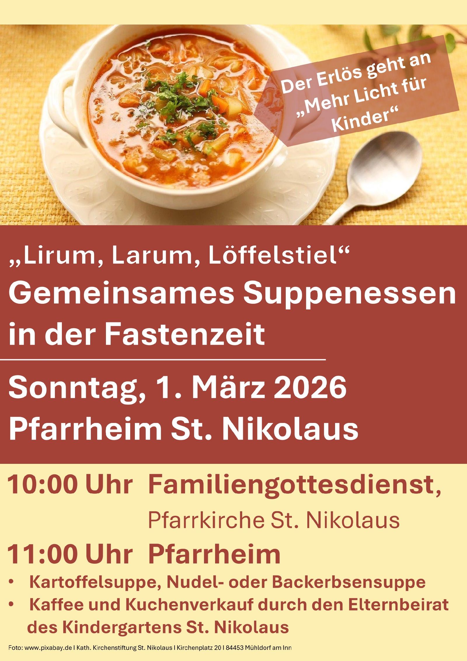 Gemeinsames Suppenessen in der Fastenzeit Sonntag, 1. März 2026 im Pfarrheim St. Nikolaus