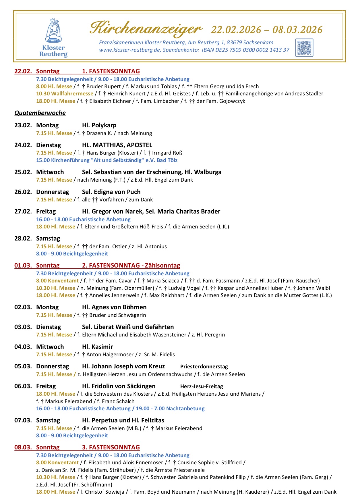 Kirchenzettel Kloster Reutberg22.02.26 - 08.03.26