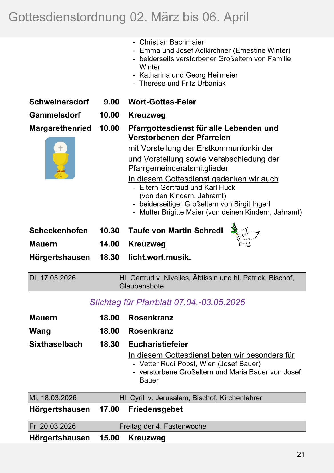 Pfarrblatt für die Pfarrverbände Hörgertshausen-Gammelsdorf und Mauern 02.März bis 06.April 2026 Seite 21