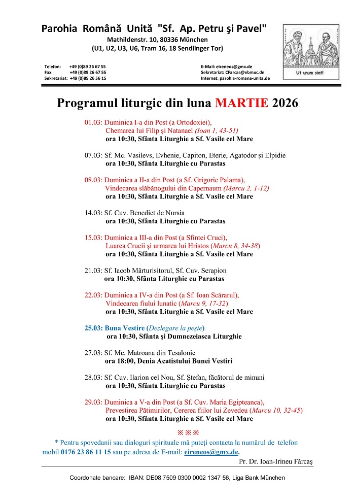 Program liturgic martie