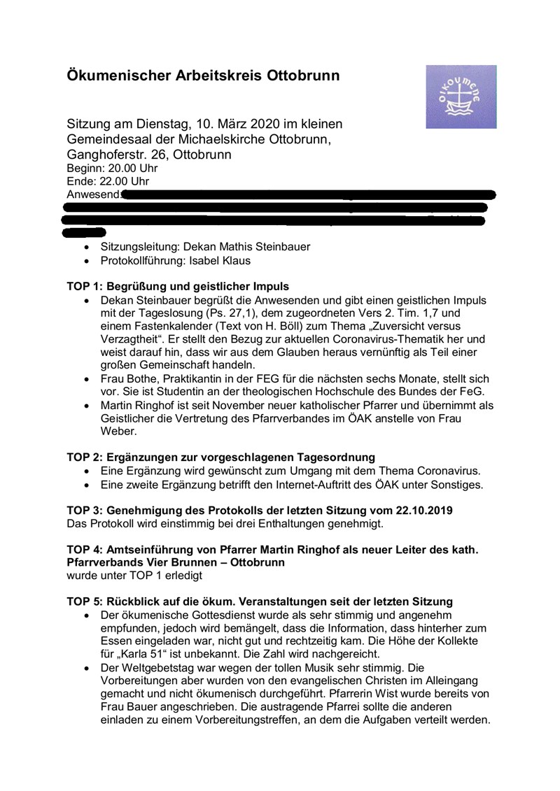 Protokoll des Ökumenischen arbeitskreises Ottobrunn vom 10.03.2020